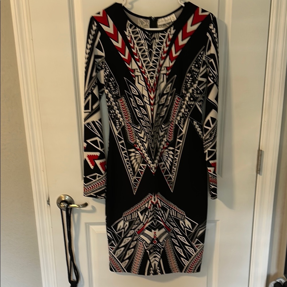 Bisou Bisou Black, Red and Silver Long Sleeve Sheath Dress